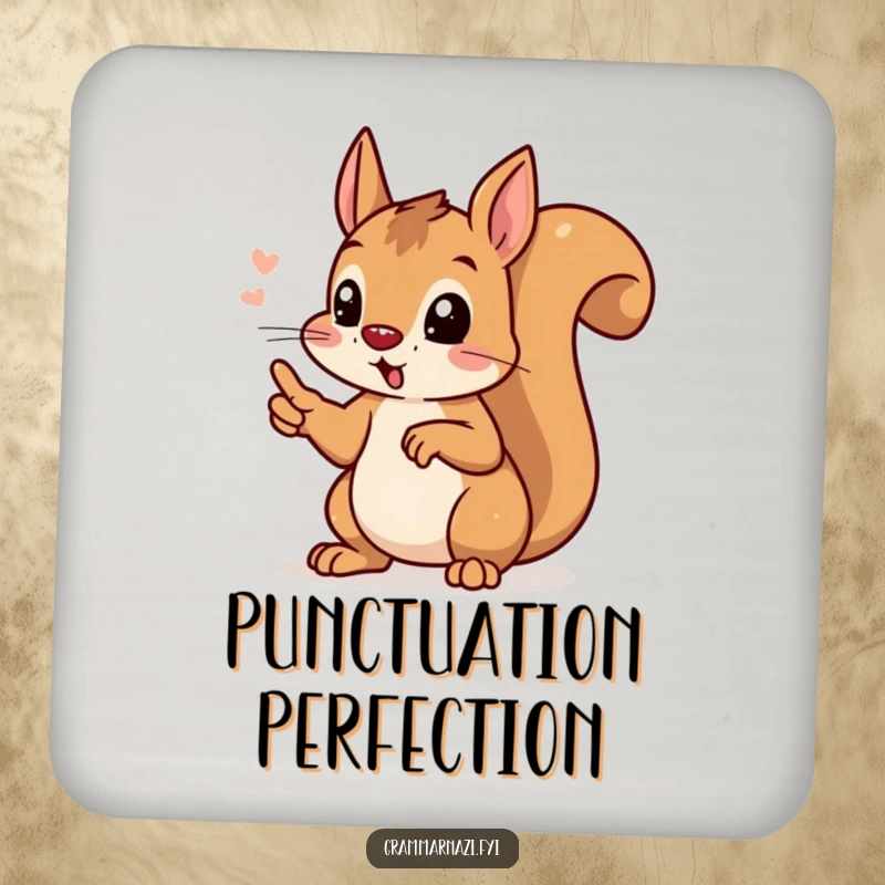 Funny determined squirrel pointing at a perfect apostrophe, on a drink coaster, protecting surfaces with witty grammatical charm.