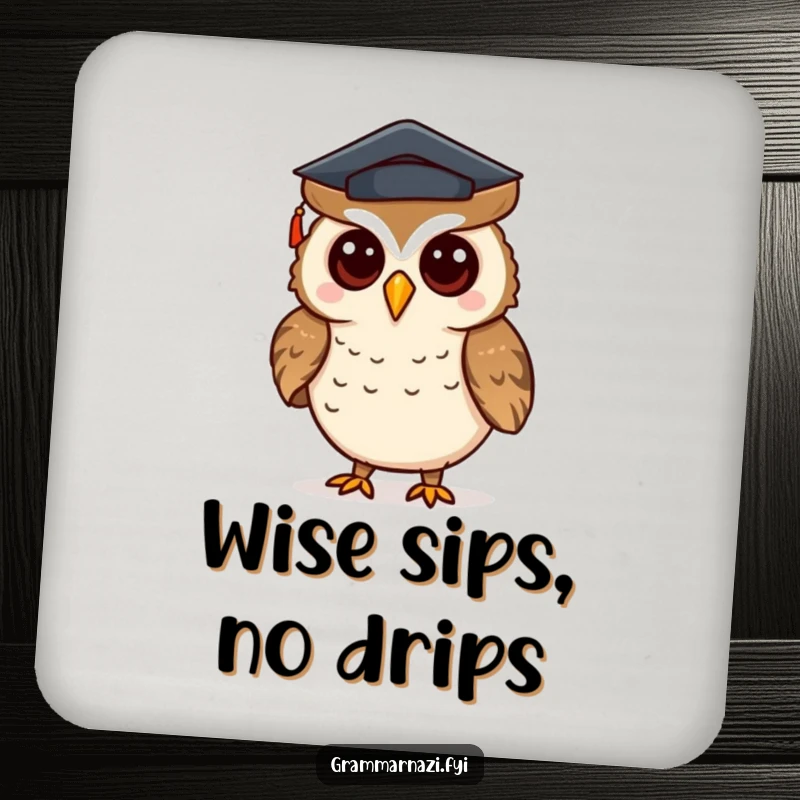 Funny coaster featuring a curious owl with a mortarboard hat, correcting punctuation, protecting surfaces with academic humor.