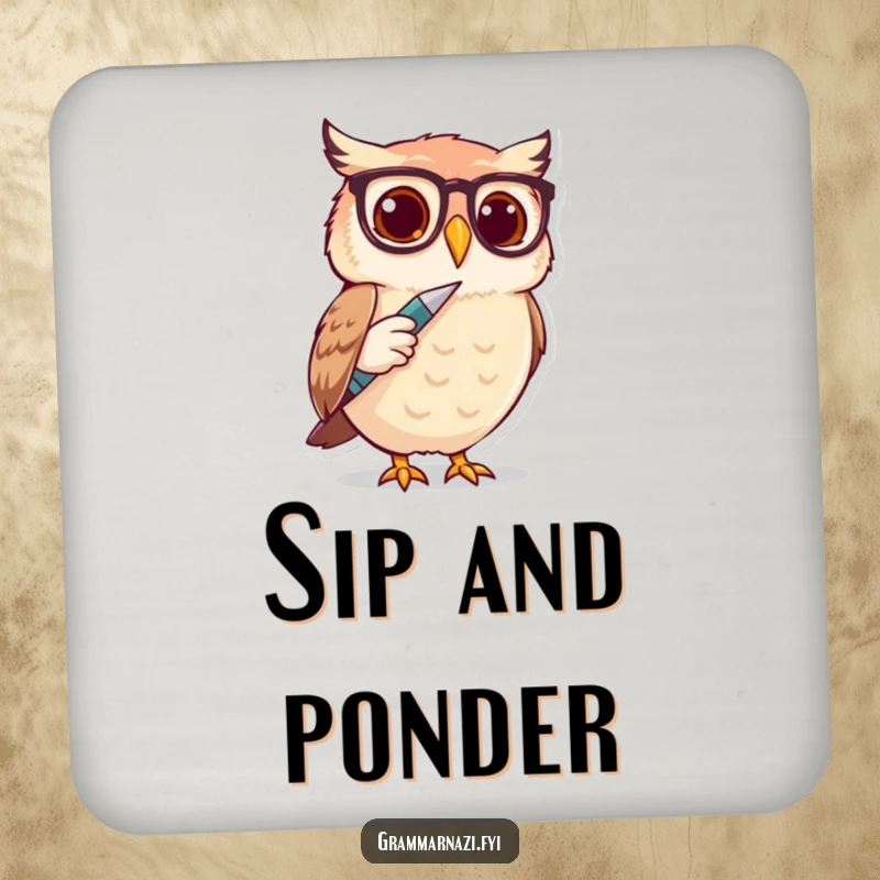 Funny Owl Spectacle Writer Coaster Set: Cute owls with spectacles tap pens, offering humorous protection for drinks.