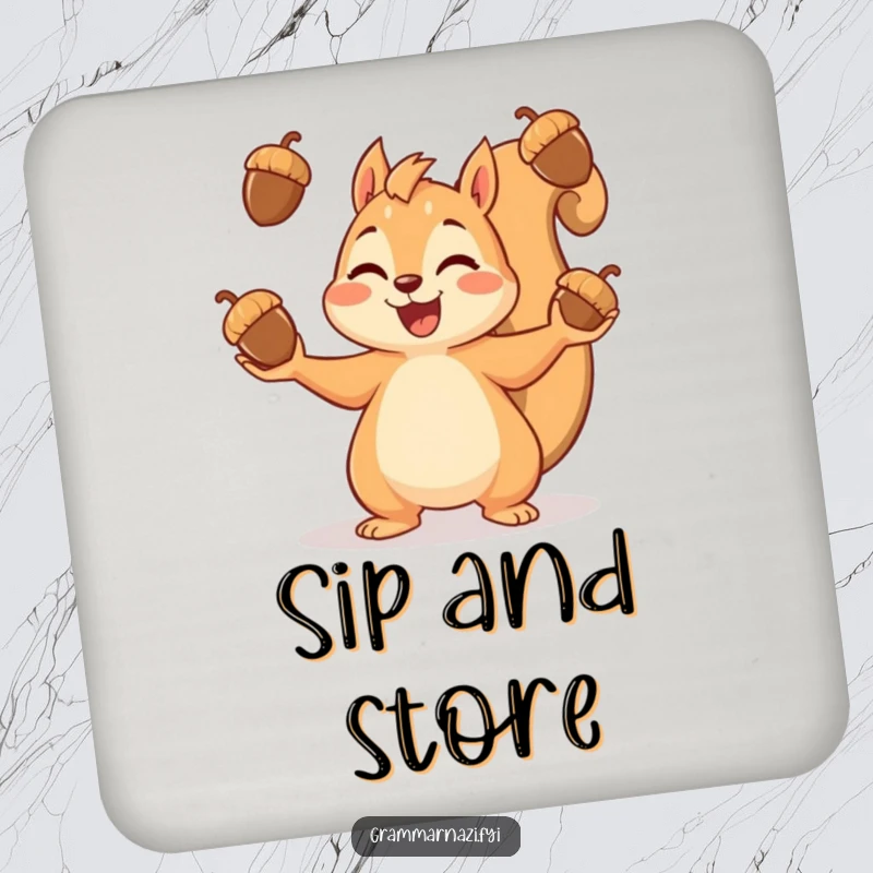 Funny drink coasters featuring a cheerful squirrel juggling acorns, adding a touch of whimsy to any table setting.