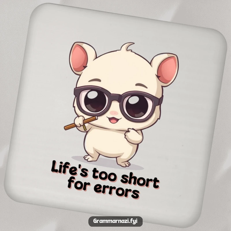 Funny drink coaster with a cute, bespectacled creature erasing an apostrophe, offering both surface protection and a humorous grammar reminder.