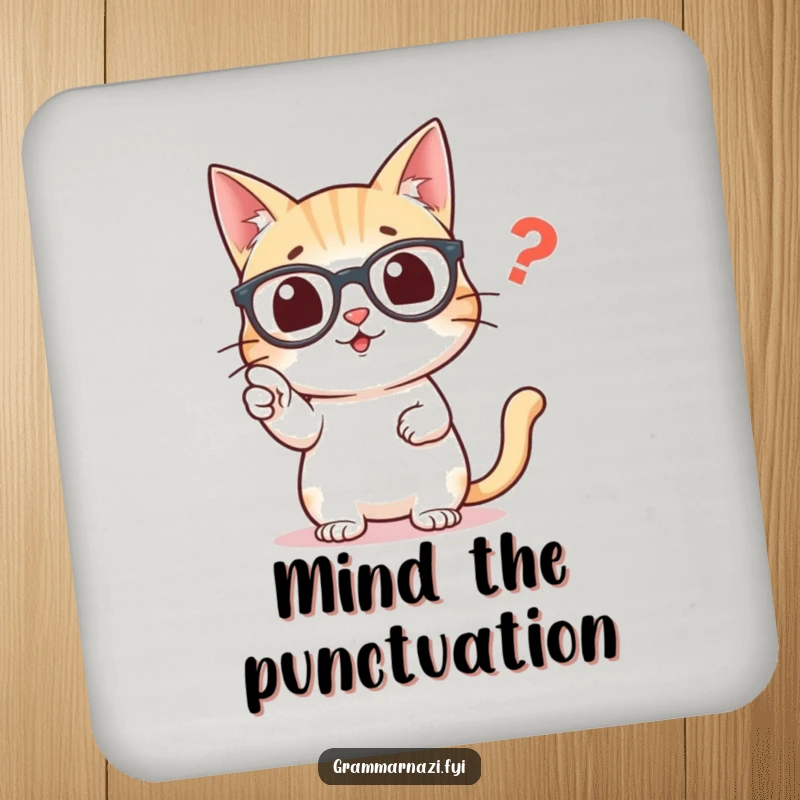 Funny drink coasters featuring a wise cat in glasses, pointing accurately at a misplaced comma.