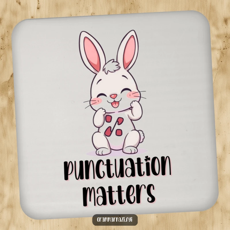 Funny Coaster: A happy bunny giggles while adjusting a perfectly straight apostrophe, a charming accessory for desks.