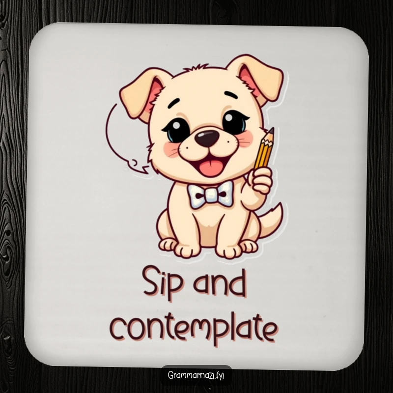 Funny Coaster: Happy dog with a bow tie taps a pencil on a dialogue bubble, a small yet funny addition to any table, perfect funny gift.