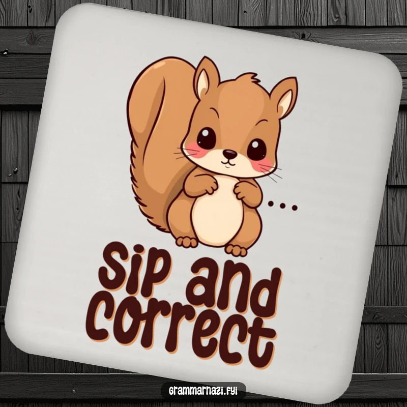 Funny drink coaster featuring a kawaii squirrel circling a grammatical error, a witty surface protector.