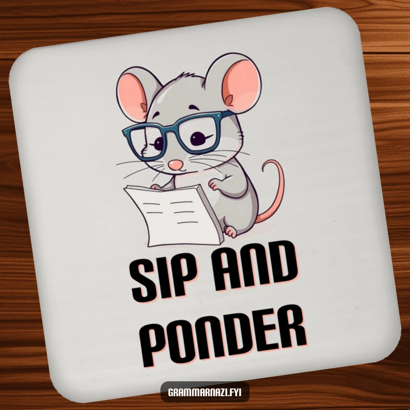Funny drink coaster with a diligent mouse wearing glasses, meticulously checking a paragraph, for stylish surface protection.