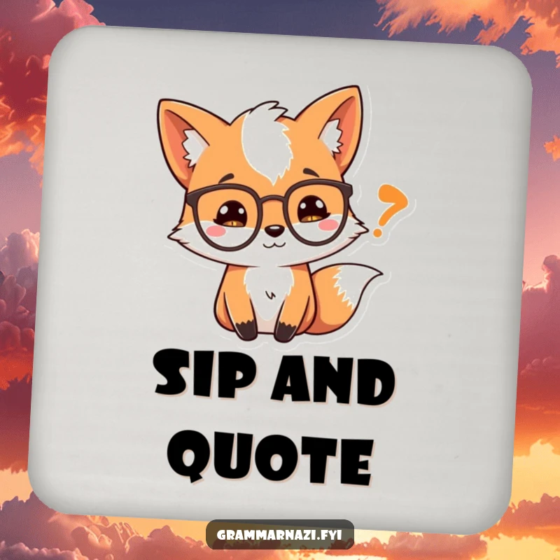 Funny Coaster: A curious fox wearing spectacles looks at a quotation mark, a charming accessory for book lovers.