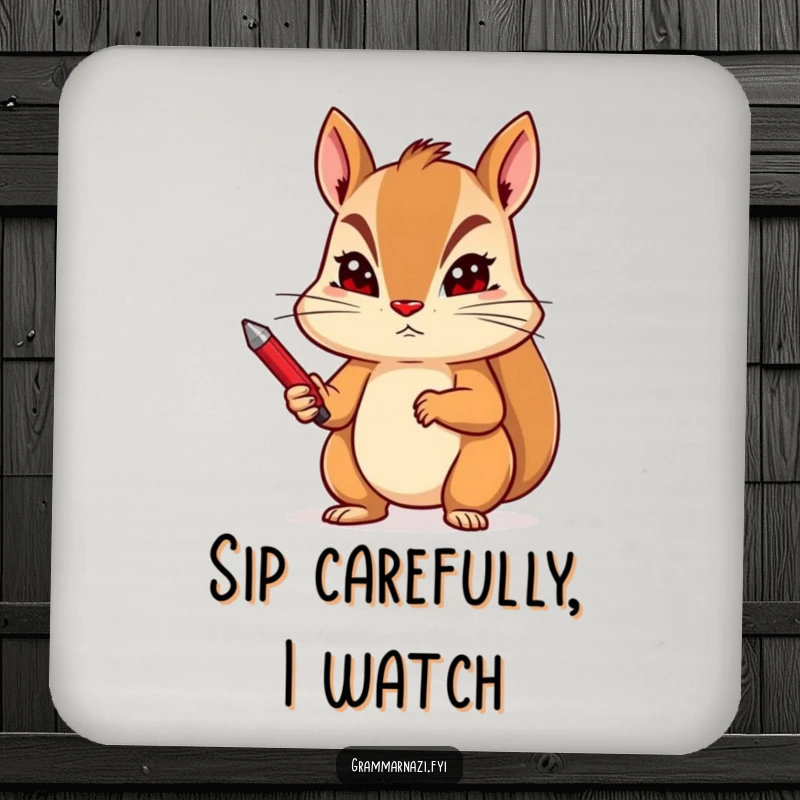 Funny coaster featuring a determined squirrel holding a red pen with a stern expression, protecting surfaces humorously.