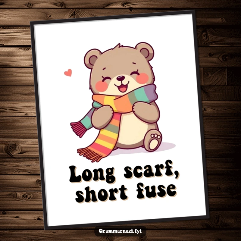 Funny poster art of a joyous bear happily knitting a very long, colorful scarf, creating a cozy atmosphere.