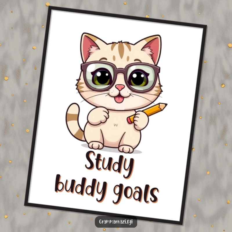 Funny cheerful cat in oversized glasses tapping a pencil, presented as a poster, enhancing decor with intellectual feline humor.