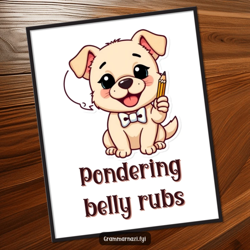 Funny Poster: A happy dog wearing a bow tie taps a pencil on a dialogue bubble, symbolizing funny ideas and creativity, a fantastic funny gift.