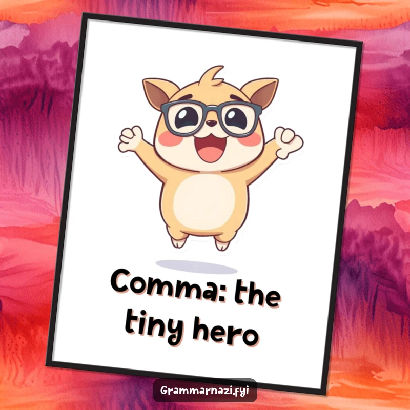 Funny poster of an excited, bespectacled creature jumping with joy, holding a perfectly placed comma, a cheerful grammar illustration.