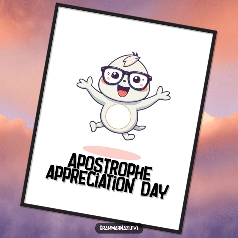 Funny poster featuring a gleeful, bespectacled creature in a dance pose around a gracefully curved apostrophe, ideal for decor.