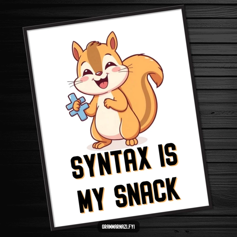 Funny grammar squirrel poster, gleefully polishing a shiny, perfectly formed grammatical symbol, humorous art for language enthusiasts.