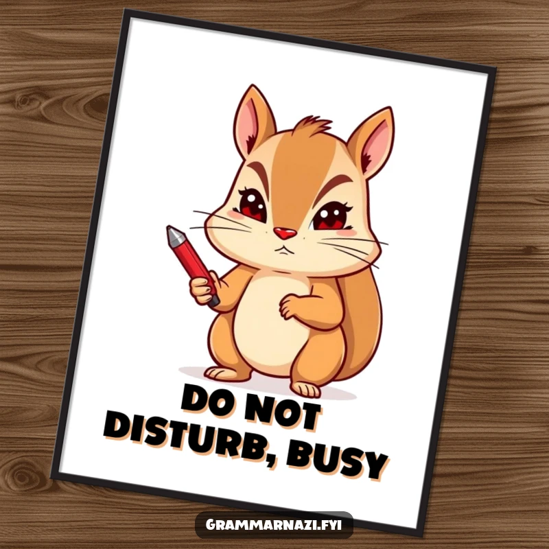 Funny poster of a determined squirrel holding a red pen with a stern expression, perfect for office decor.