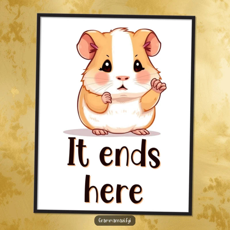 Funny poster of a determined guinea pig polishing a period, celebrating grammar with humor, ideal for wall decor.