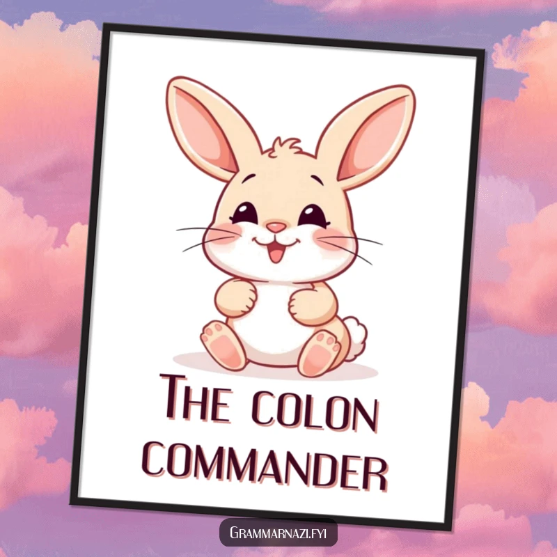 Funny Poster: A happy bunny meticulously places a misplaced colon with care, adding a touch of humorous grammar appreciation to any wall.