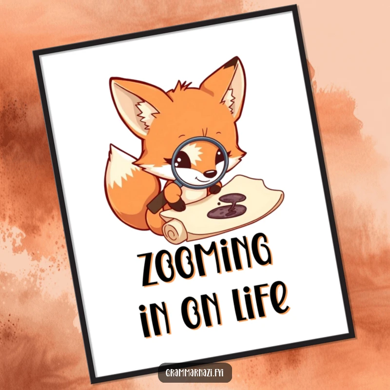 Funny fox mystery poster, peering through a magnifying glass at an ink splotch on a scroll, artful and humorous wall decor.