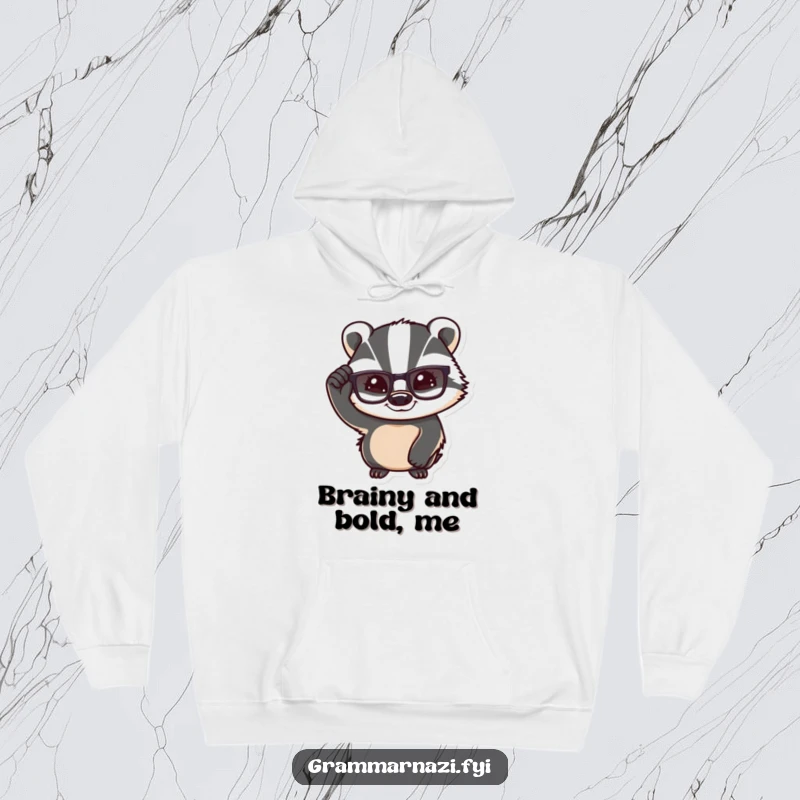 Funny Confident Badger Hoodie: A badger adjusting its glasses with a knowing smile, embodying smart, cozy confidence.