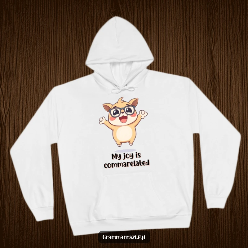 Funny hoodie with an excited, bespectacled creature jumping joyfully, holding a perfectly placed comma, a cozy celebration of grammar.