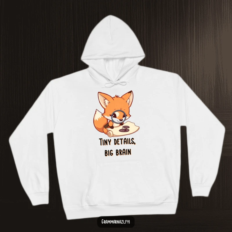 Funny fox detective hoodie, curious about an ink splotch on a scroll with a magnifying glass, comfortable and humorous.