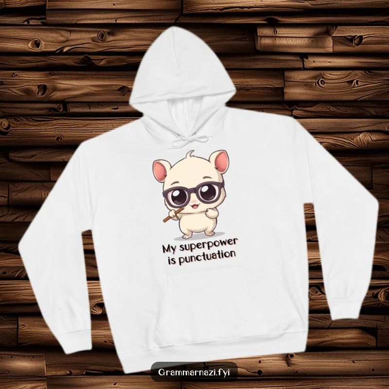 Funny hoodie with a cute, bespectacled creature enthusiastically erasing an apostrophe, embodying a grammar vigilante, perfect for cozy wear.