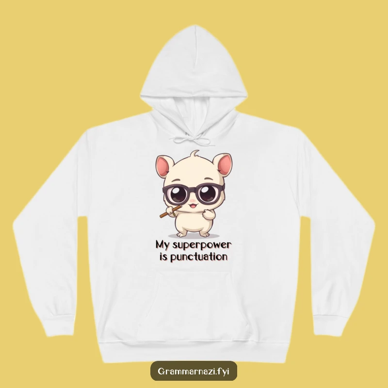Cozy Funny Grammar Vigilante Hoodie: Bespectacled Creature Erasing Apostrophe, Warm Gift