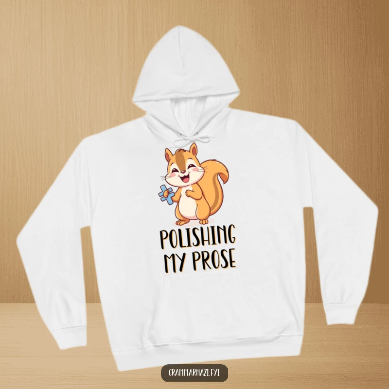 Funny grammar squirrel hoodie, polishing a shiny, perfectly formed grammatical symbol, comfortable and humorous winter wear.