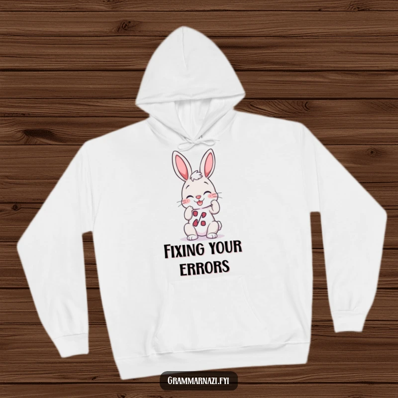 Funny Hoodie: A happy bunny giggles while adjusting a perfectly straight apostrophe, a cozy symbol of grammar love.