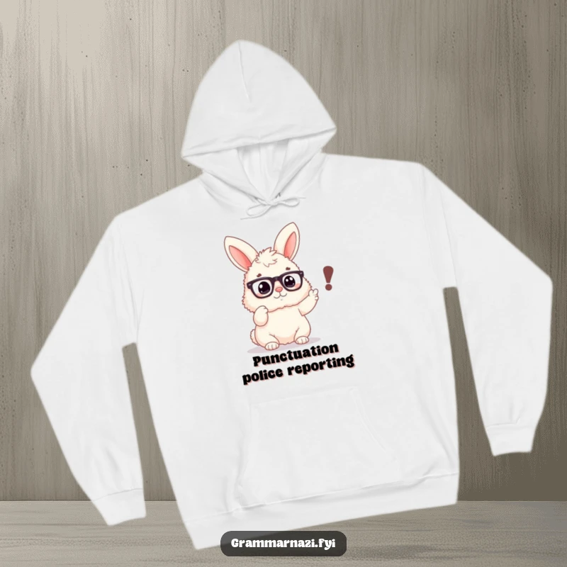 Funny hoodie featuring a fluffy bunny wearing spectacles, pointing emphatically at a misplaced comma, ideal for grammar aficionados.