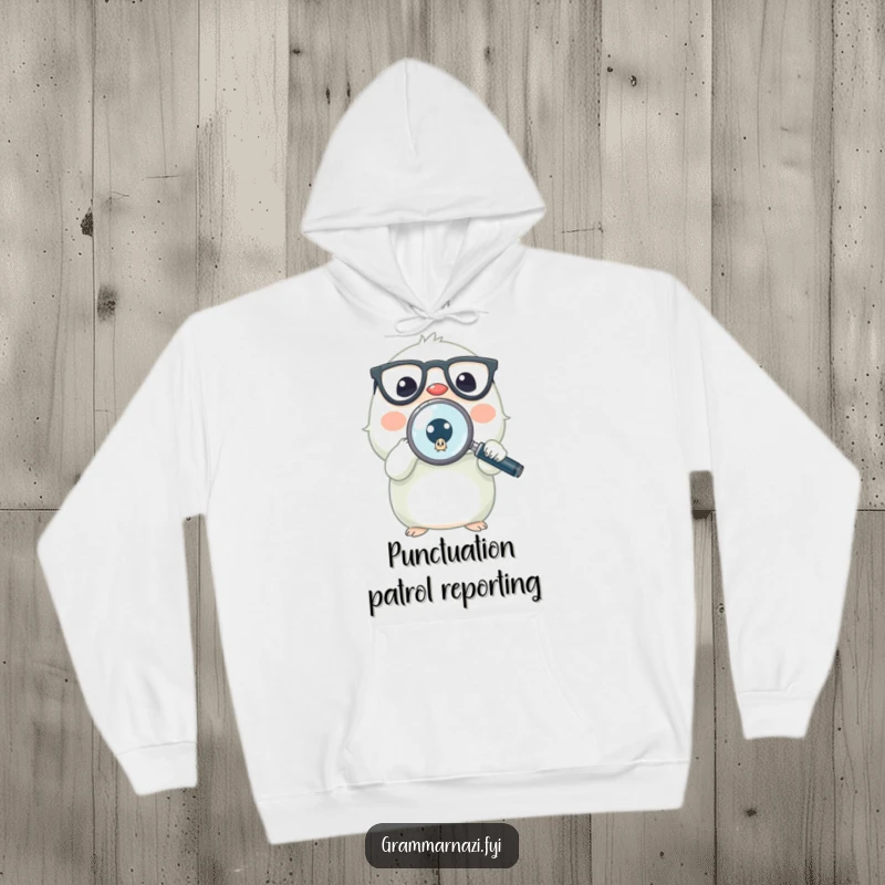Funny hoodie with a small, bespectacled creature holding a magnifying glass over a minuscule, misplaced period, symbolizing grammatical obsession.