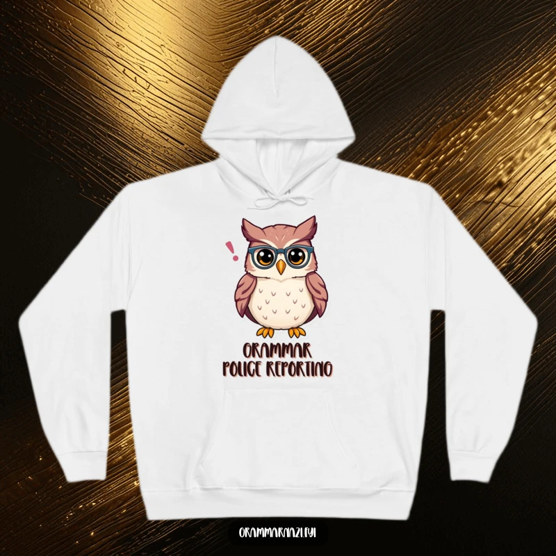 Funny Owl Grammar Hoodie: A comfortable hoodie featuring a proud owl with spectacles adjusting an apostrophe, perfect for intellectuals.