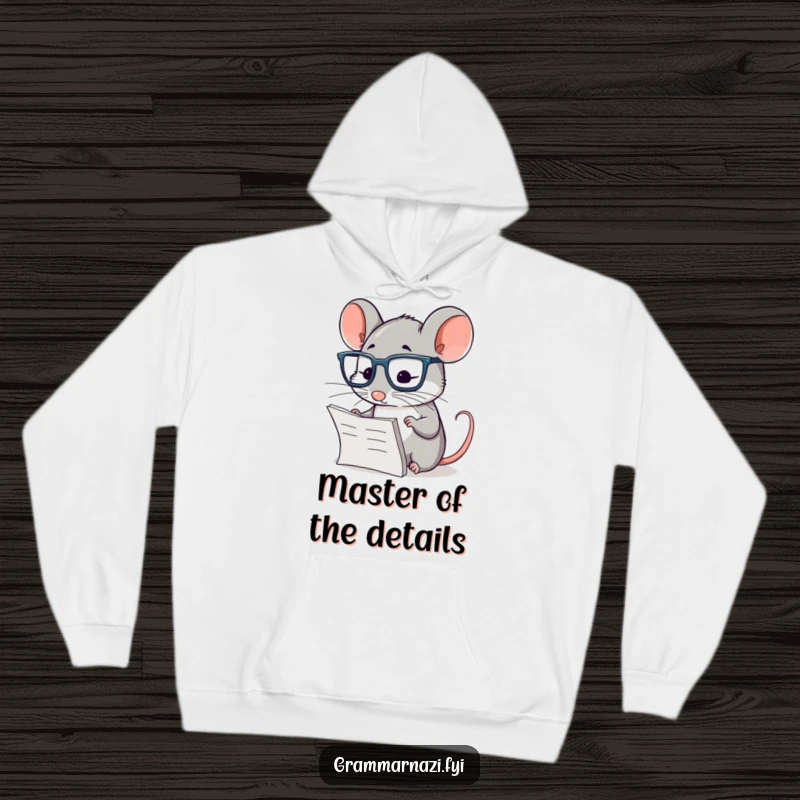 Funny hoodie design of a studious mouse with glasses, intently examining text, perfect for cozy intellectual humor.