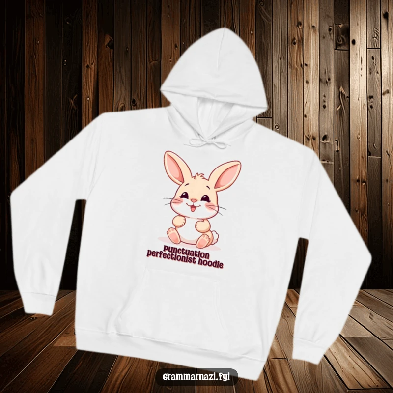 Funny Hoodie: A happy bunny meticulously places a misplaced colon with care, offering warmth and a humorous nod to grammar enthusiasts.