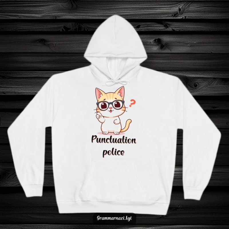 Funny hoodie with a smart cat in spectacles, pointing with urgency at a grammatical error, a misplaced comma.
