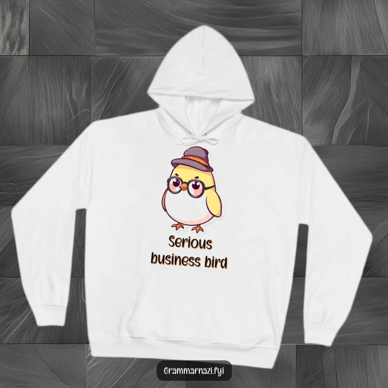 Funny Hoodie featuring a small, serious bird in a tiny hat and glasses, exuding academic and humorous vibes.