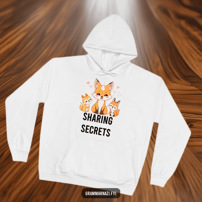 Funny hoodie with a smiling fox whispering to a group of cute woodland creatures. Cozy secrets.