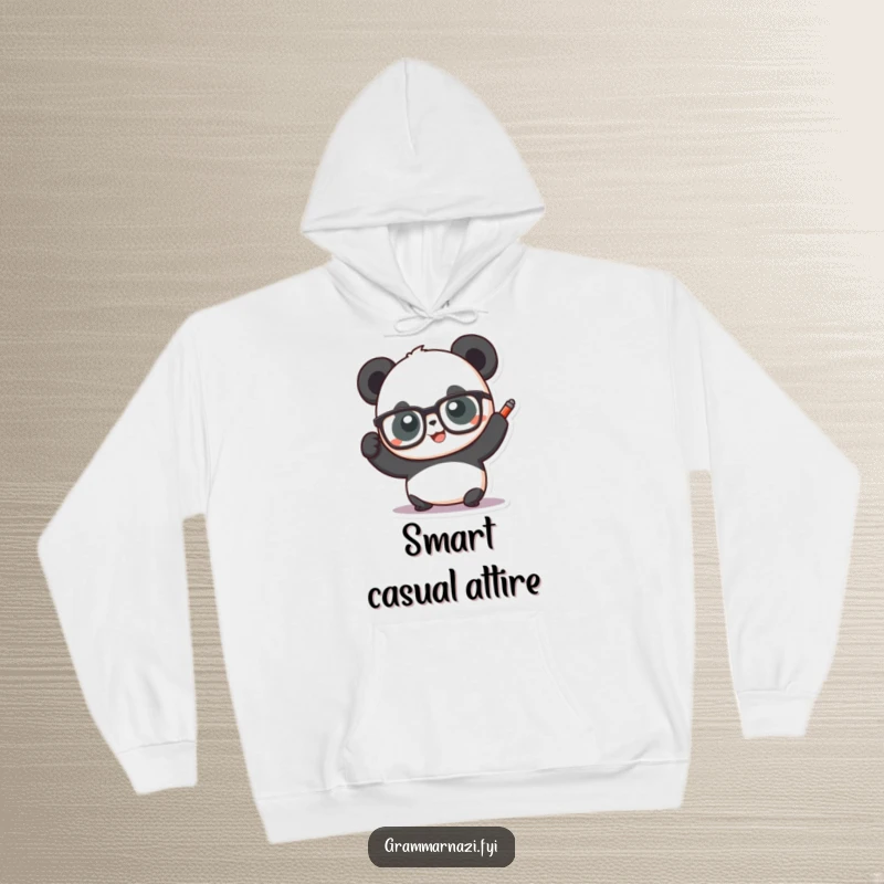 Funny panda wearing glasses and holding a red pen, printed on a cozy hoodie, symbolizing smarts and a witty personality.
