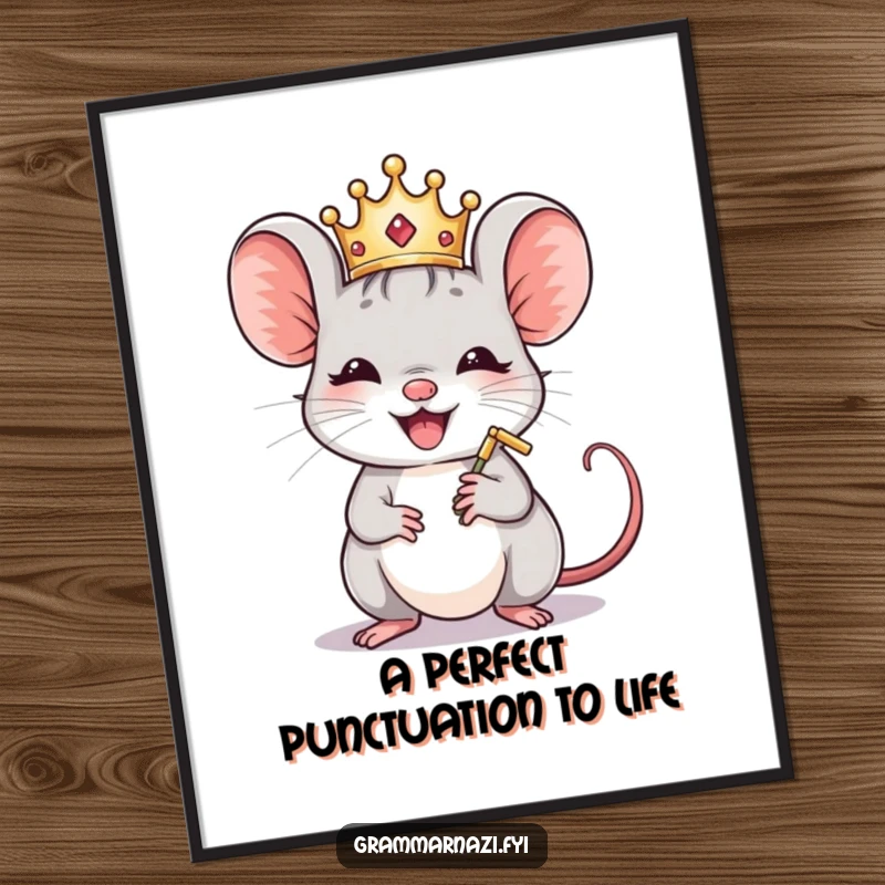 Funny Free Printable Wall Art: A joyful mouse with a tiny crown polishes a comma, adding royal humor to your decor.