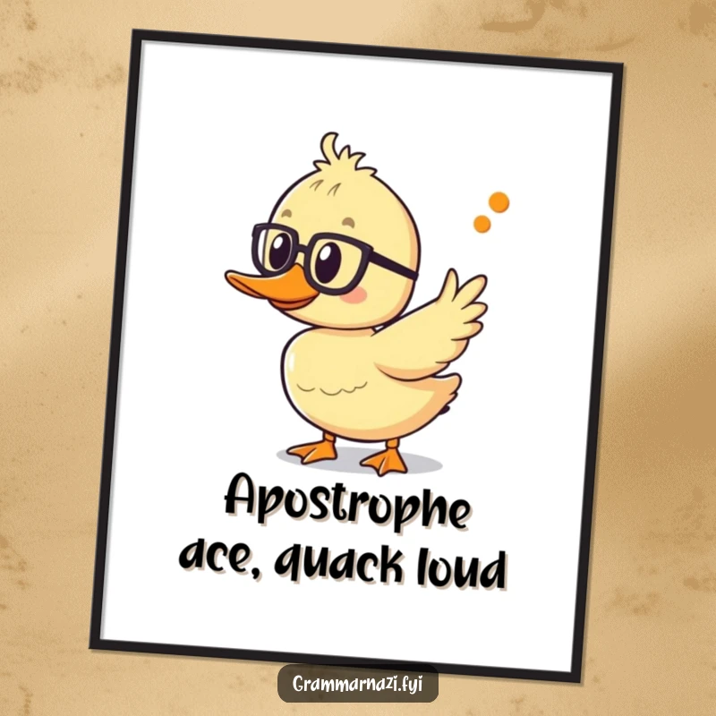 Funny Free Printable Wall Art: A determined duckling wearing spectacles points an excited wing directly at a correctly placed apostrophe.