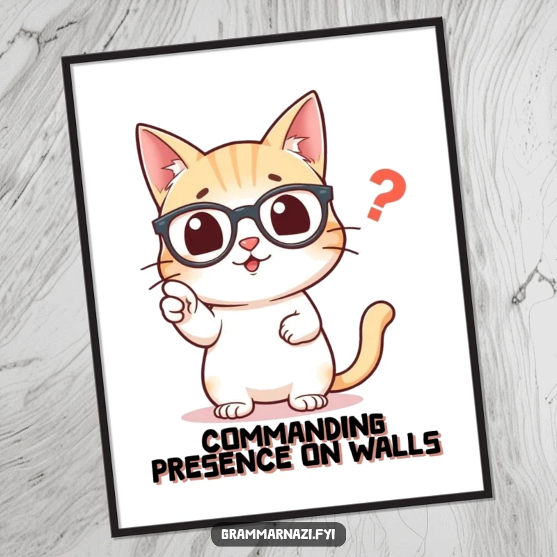Funny Free Printable Wall Art of a sharp cat in glasses meticulously pointing at a misplaced comma, adding a witty touch.