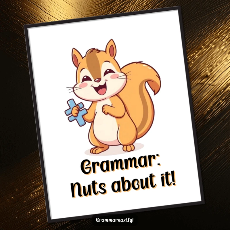 Funny Free Printable Wall Art: A cheerful squirrel gleefully polishes a shiny, perfectly formed grammatical symbol with meticulous care.