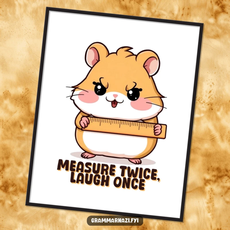 Funny free printable wall art: blushing hamster character holding a ruler with a stern expression, creating precise and humorous decor.