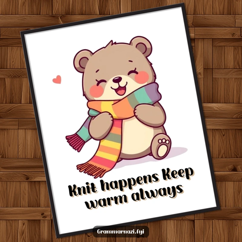Funny Free Printable Wall Art of a joyous bear happily knitting a very long, colorful scarf, a downloadable piece of art.