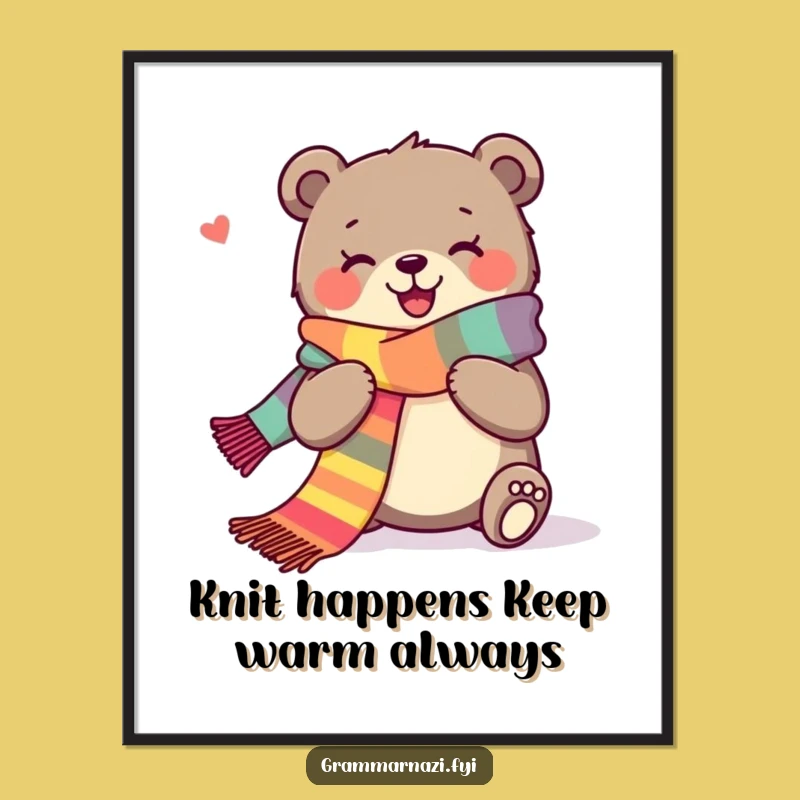 Free Printable Wall Art: Joyous Bear Knitting Colorful Scarf, Downloadable Decor