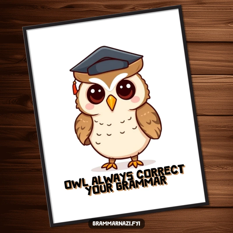 Funny Free Printable Wall Art: Curious owl in mortarboard hat fixing punctuation, a witty addition to any study or living space.