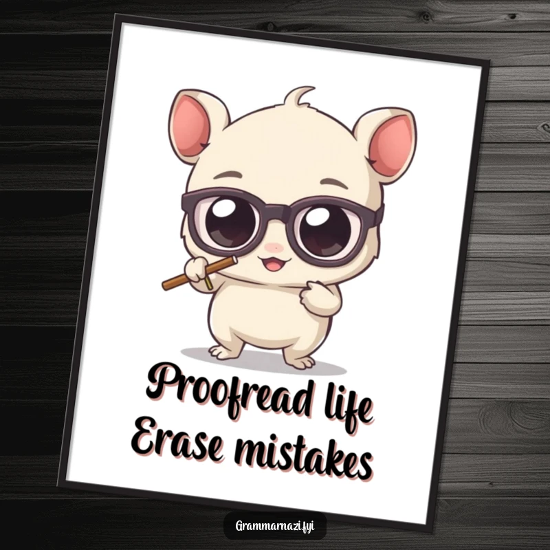 Funny Free Printable Wall Art: Cute creature with glasses erasing a misplaced apostrophe with great focus.