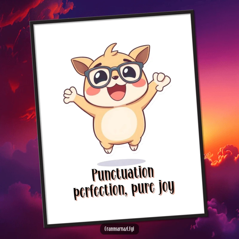 Funny Free Printable Wall Art: Ecstatic creature wearing glasses jumps for joy, holding a perfectly placed comma.