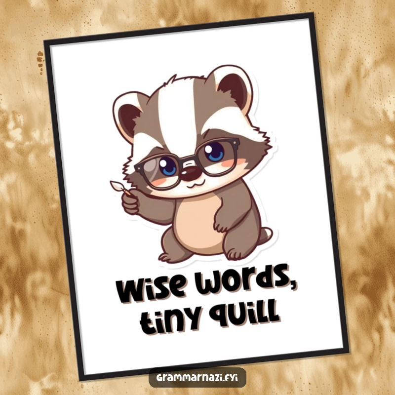 Funny Free Printable Wall Art of a kawaii badger wearing spectacles, vigorously pointing a tiny quill, embodying academic charm.