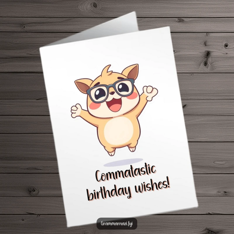 Funny Free Printable Birthday Card: Excited creature with glasses joyfully jumping, holding a perfect comma.